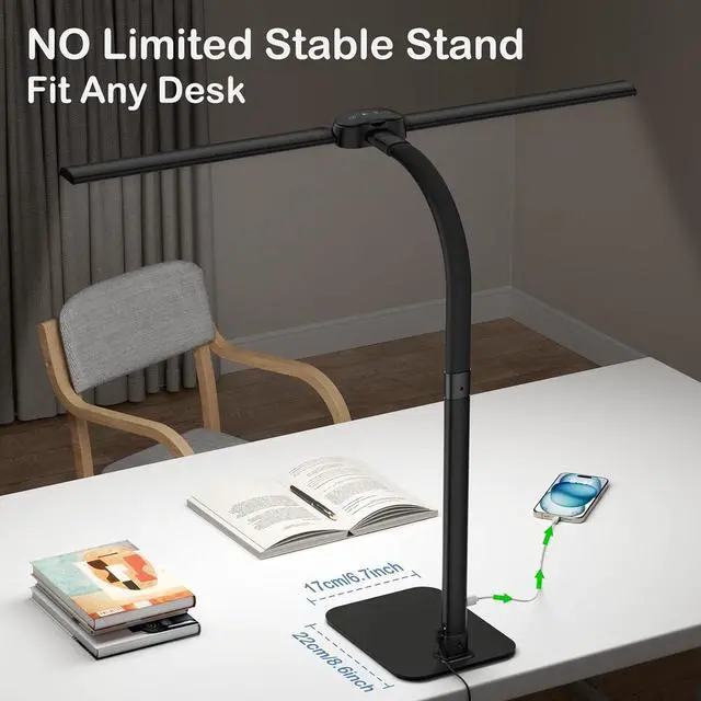 Alt view image 5 of 7 - Desk Lamp with USB Charging Port for Home Office 24w Architect Remote Base Dual Task Led Light Modern 5 Color Modes Dimmable Adjustable Gooseneck Double Head Reading Drafting Eye Caring Tall Lamps