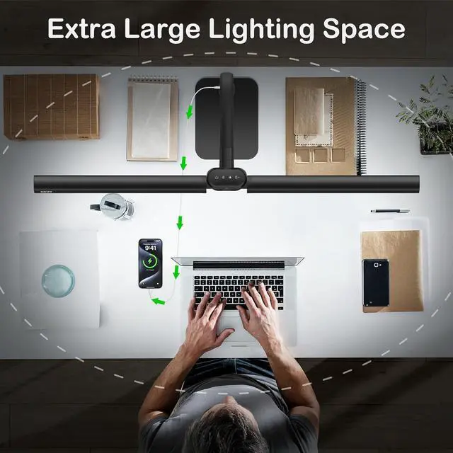 Alt view image 6 of 7 - Desk Lamp with USB Charging Port for Home Office 24w Architect Remote Base Dual Task Led Light Modern 5 Color Modes Dimmable Adjustable Gooseneck Double Head Reading Drafting Eye Caring Tall Lamps