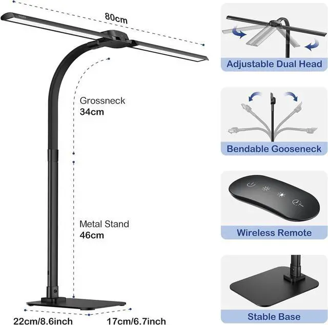 Alt view image 3 of 7 - Desk Lamp with USB Charging Port for Home Office 24w Architect Remote Base Dual Task Led Light Modern 5 Color Modes Dimmable Adjustable Gooseneck Double Head Reading Drafting Eye Caring Tall Lamps