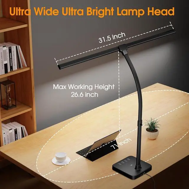 Alt view image 7 of 7 - ShineTech LED Desk Lamp for Home Office, 24W Double Head Desk Light with Wireless Charging, USB Port, 25 Lighting Modes Adjustable Lamps