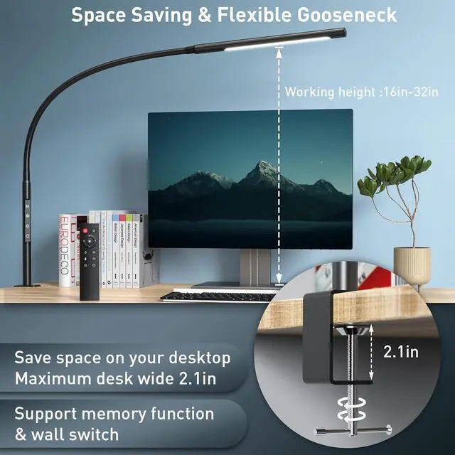 Alt view image 6 of 7 - Swing Arm Desk Light with Remote Control, Eye-Caring Gooseneck Desk Lamp, Adjustable Brightness & Color Temperatures, Modern LED Clamp Light with Memory & Timer Function, 12W, Matteblack
