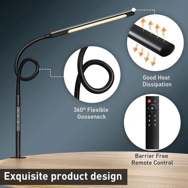 Alt view image 7 of 7 - Swing Arm Desk Light with Remote Control, Eye-Caring Gooseneck Desk Lamp, Adjustable Brightness & Color Temperatures, Modern LED Clamp Light with Memory & Timer Function, 12W, Matteblack