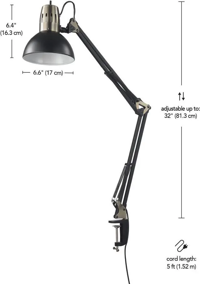 Alt view image 2 of 7 - Globe Electric 62000009 32" Multi-Joint Desk Lamp with Metal Clamp, Matte Black, Antique Brass Accents, On/Off Rotary Switch on Shade, Partially Adjustable Swing Arm, Home Décor, Office Accessory