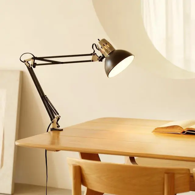 Alt view image 3 of 7 - Globe Electric 62000009 32" Multi-Joint Desk Lamp with Metal Clamp, Matte Black, Antique Brass Accents, On/Off Rotary Switch on Shade, Partially Adjustable Swing Arm, Home Décor, Office Accessory