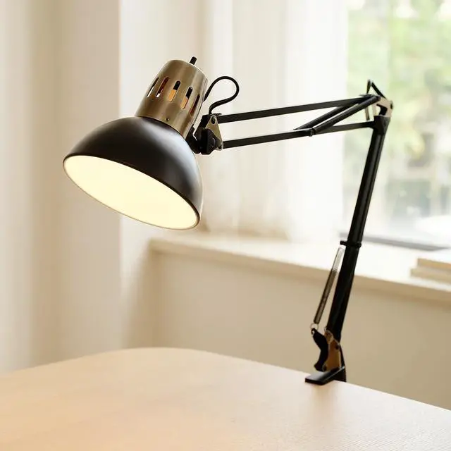 Alt view image 4 of 7 - Globe Electric 62000009 32" Multi-Joint Desk Lamp with Metal Clamp, Matte Black, Antique Brass Accents, On/Off Rotary Switch on Shade, Partially Adjustable Swing Arm, Home Décor, Office Accessory