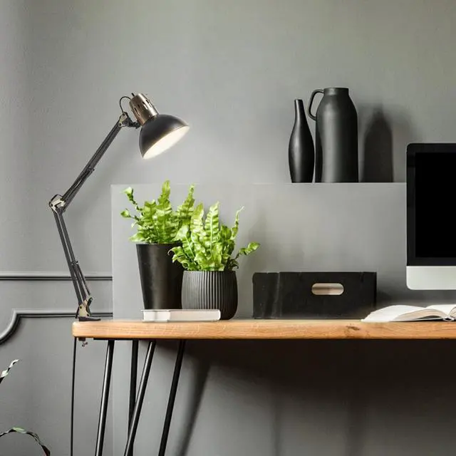 Alt view image 5 of 7 - Globe Electric 62000009 32" Multi-Joint Desk Lamp with Metal Clamp, Matte Black, Antique Brass Accents, On/Off Rotary Switch on Shade, Partially Adjustable Swing Arm, Home Décor, Office Accessory