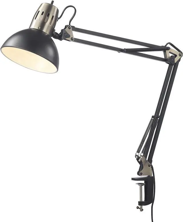 Alt view image 7 of 7 - Globe Electric 62000009 32" Multi-Joint Desk Lamp with Metal Clamp, Matte Black, Antique Brass Accents, On/Off Rotary Switch on Shade, Partially Adjustable Swing Arm, Home Décor, Office Accessory