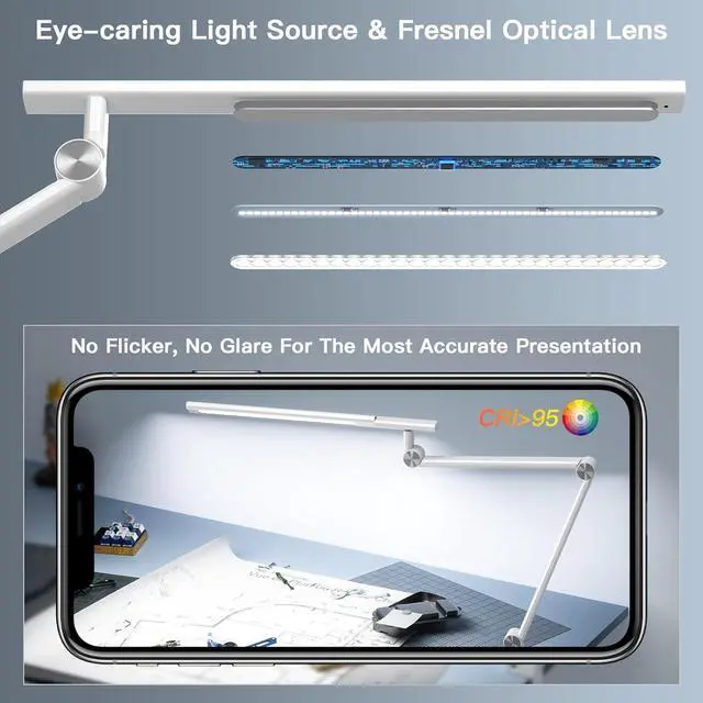 Alt view image 2 of 7 - LED Desk Lamp, Desk Light for Home Office, Dual Light Source 18W Brightest, Eye-Caring Optical Lens, Office Lamp, 5 Color Modes & Brightness, Aluminum Alloy Drafting Light, Clamp Lamp, White