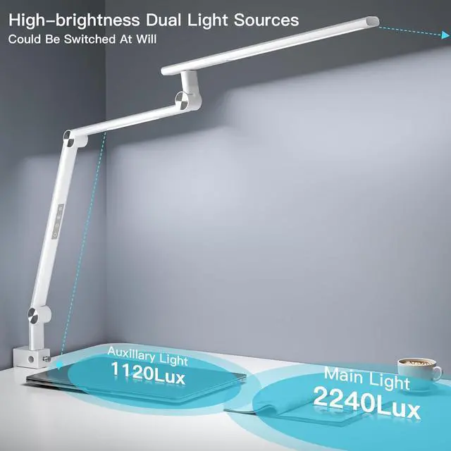 Alt view image 3 of 7 - LED Desk Lamp, Desk Light for Home Office, Dual Light Source 18W Brightest, Eye-Caring Optical Lens, Office Lamp, 5 Color Modes & Brightness, Aluminum Alloy Drafting Light, Clamp Lamp, White