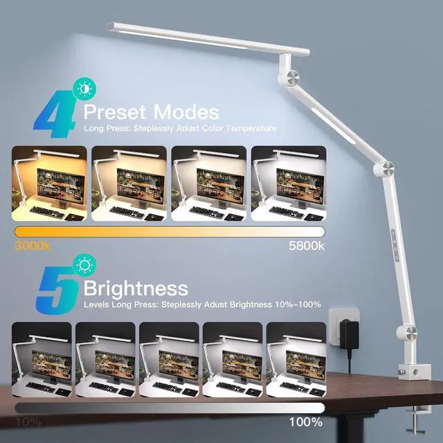 Alt view image 4 of 7 - LED Desk Lamp, Desk Light for Home Office, Dual Light Source 18W Brightest, Eye-Caring Optical Lens, Office Lamp, 5 Color Modes & Brightness, Aluminum Alloy Drafting Light, Clamp Lamp, White