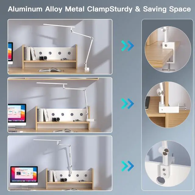 Alt view image 6 of 7 - LED Desk Lamp, Desk Light for Home Office, Dual Light Source 18W Brightest, Eye-Caring Optical Lens, Office Lamp, 5 Color Modes & Brightness, Aluminum Alloy Drafting Light, Clamp Lamp, White