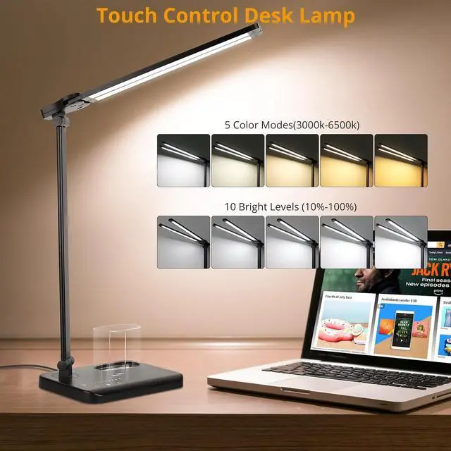Alt view image 2 of 6 - Desk Lamp, Dual Head, Dimmable Bedside Lamps with USB Charging Port, 5 Light Modes x Adjustable Brightness, Touch Control, Led Desk Light for Reading,Crafting,Work,Study (Black)