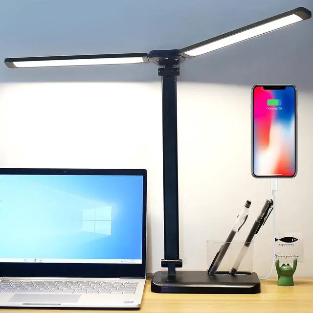 Alt view image 4 of 6 - Desk Lamp, Dual Head, Dimmable Bedside Lamps with USB Charging Port, 5 Light Modes x Adjustable Brightness, Touch Control, Led Desk Light for Reading,Crafting,Work,Study (Black)