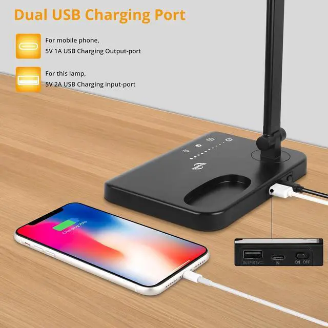Alt view image 5 of 6 - Desk Lamp, Dual Head, Dimmable Bedside Lamps with USB Charging Port, 5 Light Modes x Adjustable Brightness, Touch Control, Led Desk Light for Reading,Crafting,Work,Study (Black)