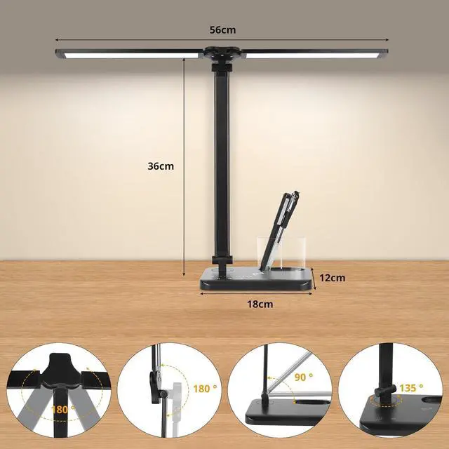 Alt view image 6 of 6 - Desk Lamp, Dual Head, Dimmable Bedside Lamps with USB Charging Port, 5 Light Modes x Adjustable Brightness, Touch Control, Led Desk Light for Reading,Crafting,Work,Study (Black)
