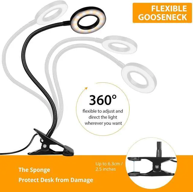 Alt view image 4 of 6 - iVict Desk Lamp Clip on Light, 48 LEDs USB Clip Ring Light with 3 Color Modes 10 Dimmable Brightness, Eye Protection Desk Light, 360° Flexible Gooseneck for Desk Headboard Reading