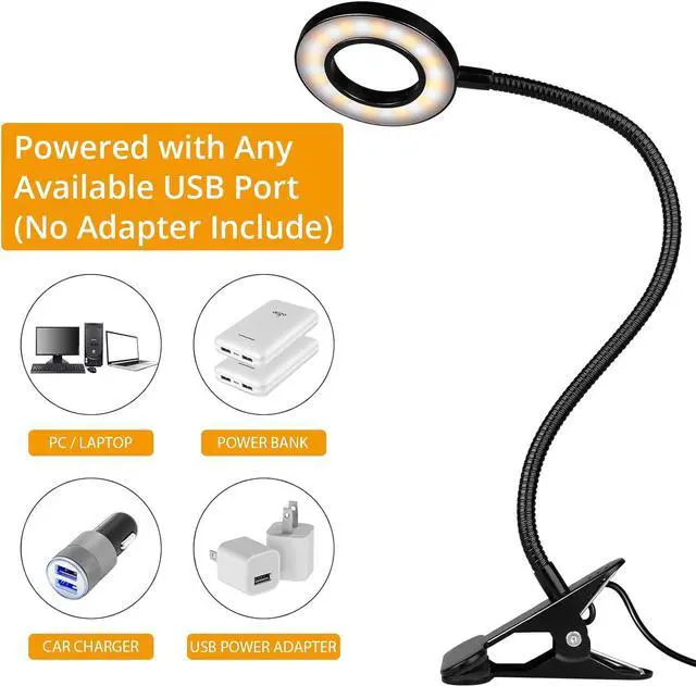 Alt view image 6 of 6 - iVict Desk Lamp Clip on Light, 48 LEDs USB Clip Ring Light with 3 Color Modes 10 Dimmable Brightness, Eye Protection Desk Light, 360° Flexible Gooseneck for Desk Headboard Reading