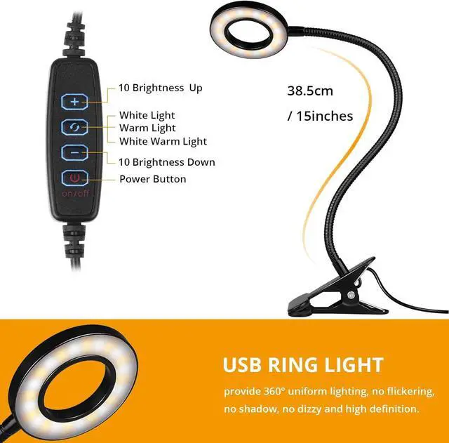 Alt view image 5 of 6 - iVict Desk Lamp Clip on Light, 48 LEDs USB Clip Ring Light with 3 Color Modes 10 Dimmable Brightness, Eye Protection Desk Light, 360° Flexible Gooseneck for Desk Headboard Reading