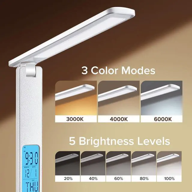 Alt view image 2 of 7 - LAOPAO LED Desk Lamp with Wireless Charger, USB Charging Port, Adjustable Foldable Table Lamp with Clock, Alarm, Date, Temperature, 5-Level Dimmable Lighting, Office Lamp with Adapter, White