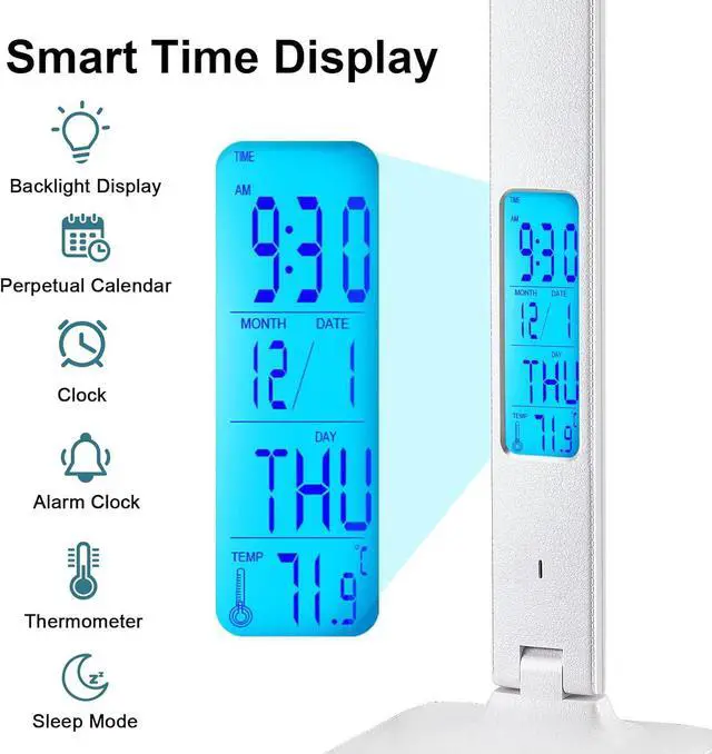 Alt view image 3 of 7 - LAOPAO LED Desk Lamp with Wireless Charger, USB Charging Port, Adjustable Foldable Table Lamp with Clock, Alarm, Date, Temperature, 5-Level Dimmable Lighting, Office Lamp with Adapter, White