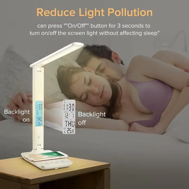 Alt view image 6 of 7 - LAOPAO LED Desk Lamp with Wireless Charger, USB Charging Port, Adjustable Foldable Table Lamp with Clock, Alarm, Date, Temperature, 5-Level Dimmable Lighting, Office Lamp with Adapter, White