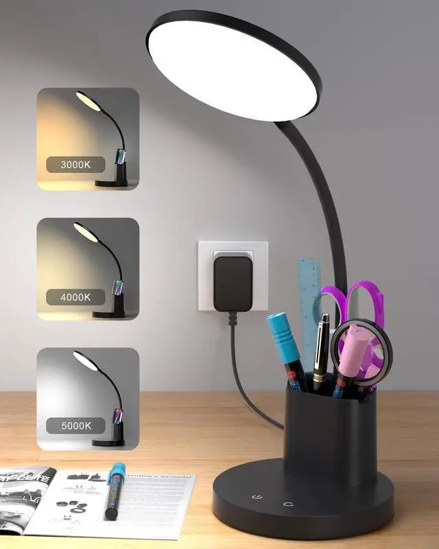 Main image of Sailstar Small Desk Lamp, LED Desk Lamps for Home Office, 3 Lighting Modes, 800LM Eye-Caring Desk Light with Pen Holder, Touch Control, Dimmable, 360° Gooseneck Desk Lamp for College Dorm Room, Black