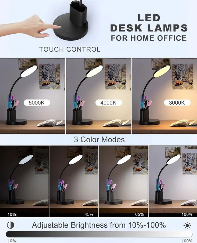 Alt view image 2 of 7 - Sailstar Small Desk Lamp, LED Desk Lamps for Home Office, 3 Lighting Modes, 800LM Eye-Caring Desk Light with Pen Holder, Touch Control, Dimmable, 360° Gooseneck Desk Lamp for College Dorm Room, Black