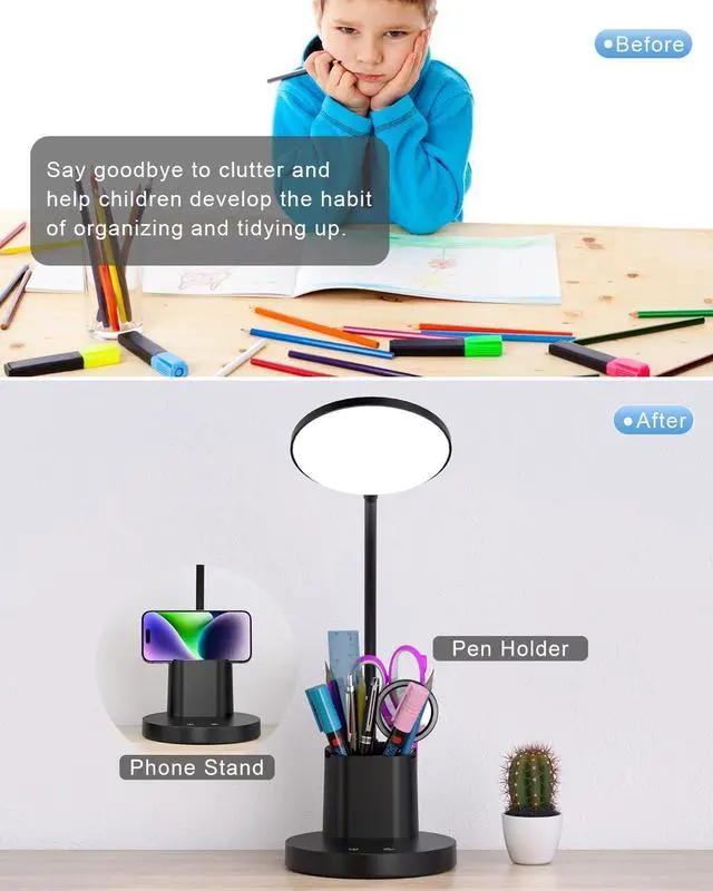 Alt view image 3 of 7 - Sailstar Small Desk Lamp, LED Desk Lamps for Home Office, 3 Lighting Modes, 800LM Eye-Caring Desk Light with Pen Holder, Touch Control, Dimmable, 360° Gooseneck Desk Lamp for College Dorm Room, Black