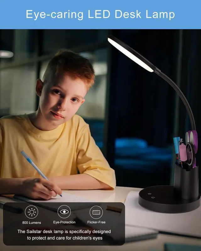 Alt view image 4 of 7 - Sailstar Small Desk Lamp, LED Desk Lamps for Home Office, 3 Lighting Modes, 800LM Eye-Caring Desk Light with Pen Holder, Touch Control, Dimmable, 360° Gooseneck Desk Lamp for College Dorm Room, Black