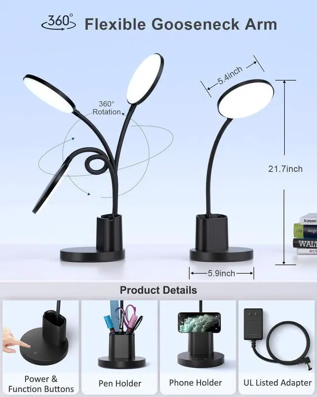 Alt view image 5 of 7 - Sailstar Small Desk Lamp, LED Desk Lamps for Home Office, 3 Lighting Modes, 800LM Eye-Caring Desk Light with Pen Holder, Touch Control, Dimmable, 360° Gooseneck Desk Lamp for College Dorm Room, Black