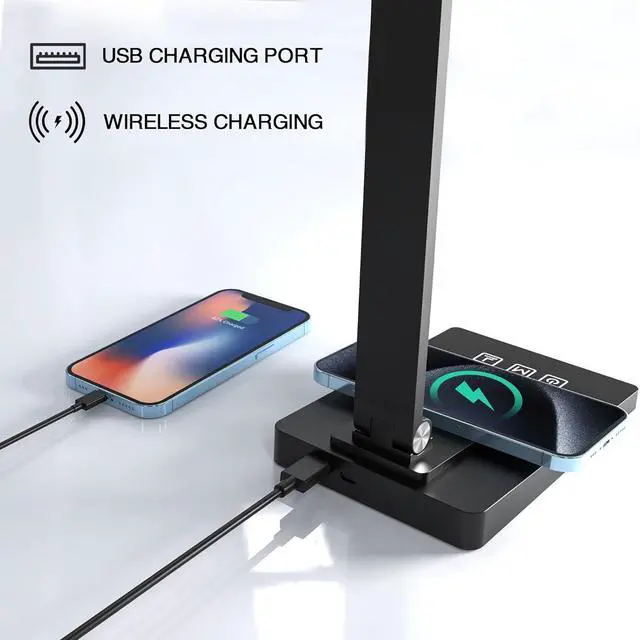 Alt view image 3 of 7 - Desk Lamp with Wireless Charger USB Charging Port,LED Desk Lamps for Home Office,Small Table Lamp Study Desk Light,5 Colors & Stepless Dimming,Morden Desk Lamp for College Dorm Room(Adapter Included)