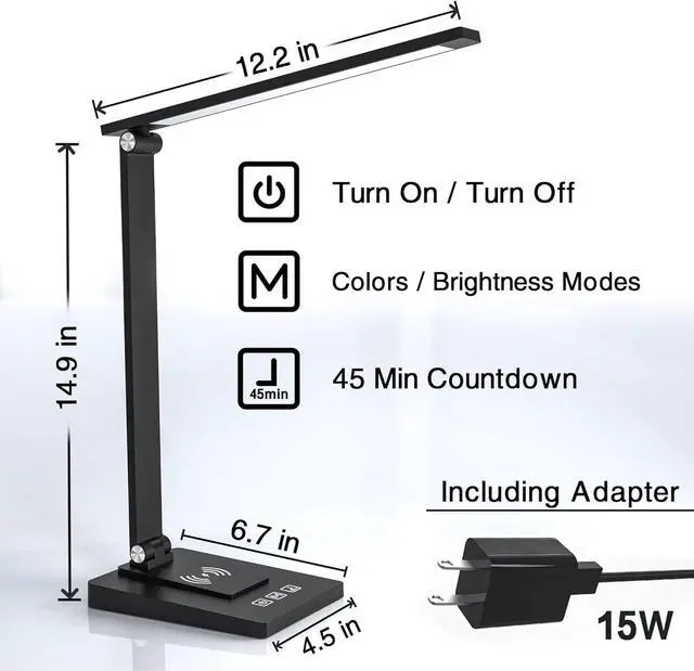 Alt view image 7 of 7 - Desk Lamp with Wireless Charger USB Charging Port,LED Desk Lamps for Home Office,Small Table Lamp Study Desk Light,5 Colors & Stepless Dimming,Morden Desk Lamp for College Dorm Room(Adapter Included)