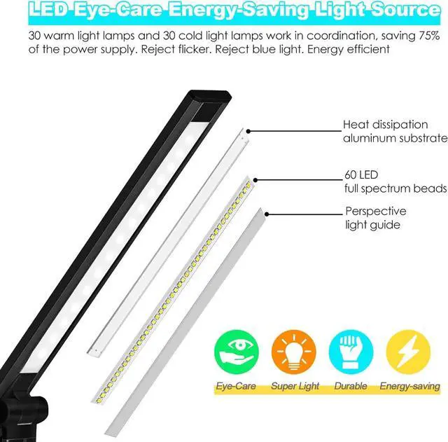 Alt view image 3 of 7 - LED Desk Lamp with Wireless Charger, USB Charging Port, 10 Brightness, 5 Color Modes, Desk Lamps for Home Office, Dimmable Table Lamp Eye Caring Reading Light, Touch Control, Auto Timer, Black