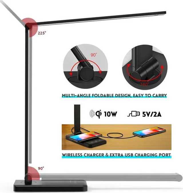 Alt view image 4 of 7 - LED Desk Lamp with Wireless Charger, USB Charging Port, 10 Brightness, 5 Color Modes, Desk Lamps for Home Office, Dimmable Table Lamp Eye Caring Reading Light, Touch Control, Auto Timer, Black