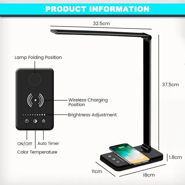Alt view image 5 of 7 - LED Desk Lamp with Wireless Charger, USB Charging Port, 10 Brightness, 5 Color Modes, Desk Lamps for Home Office, Dimmable Table Lamp Eye Caring Reading Light, Touch Control, Auto Timer, Black