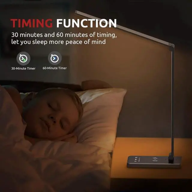 Alt view image 6 of 7 - LED Desk Lamp with Wireless Charger, USB Charging Port, 10 Brightness, 5 Color Modes, Desk Lamps for Home Office, Dimmable Table Lamp Eye Caring Reading Light, Touch Control, Auto Timer, Black