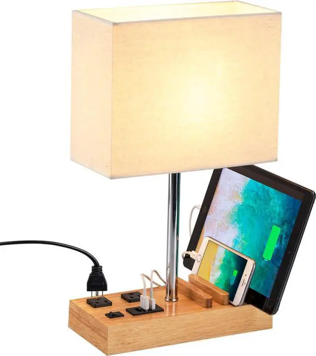 Main image of Dreamholder Desk Lamp with 3 USB Charging Ports, Table Lamp with 2AC Outlets and 3 Phone Stands, Nightstand Bedside Lamp with Natural Wooden Base and Cream Linen Shade