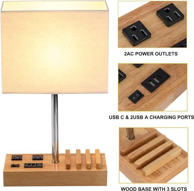 Alt view image 3 of 7 - Dreamholder Desk Lamp with 3 USB Charging Ports, Table Lamp with 2AC Outlets and 3 Phone Stands, Nightstand Bedside Lamp with Natural Wooden Base and Cream Linen Shade