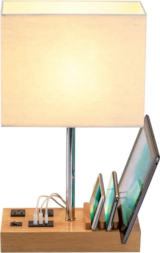 Alt view image 2 of 7 - Dreamholder Desk Lamp with 3 USB Charging Ports, Table Lamp with 2AC Outlets and 3 Phone Stands, Nightstand Bedside Lamp with Natural Wooden Base and Cream Linen Shade