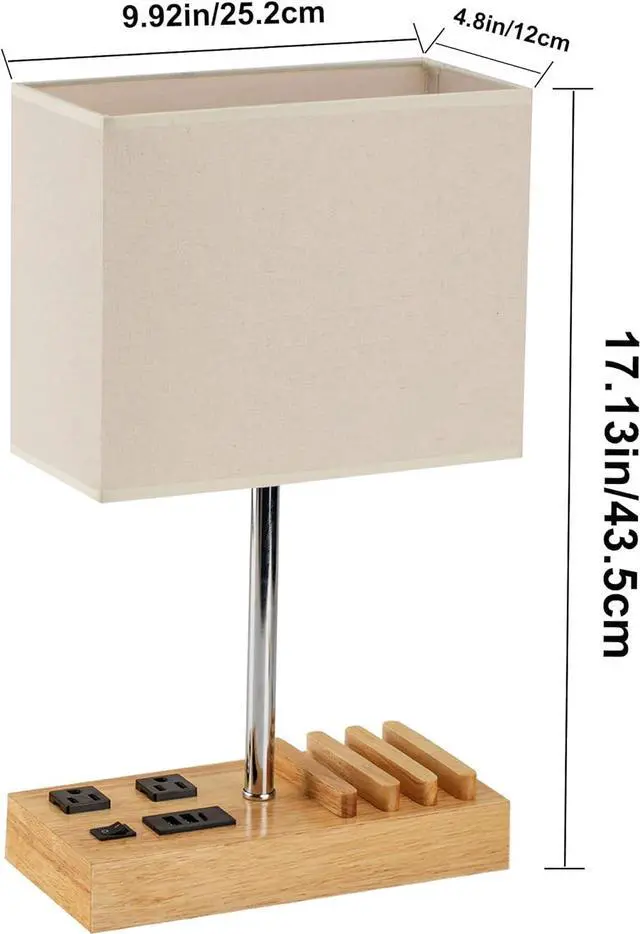 Alt view image 5 of 7 - Dreamholder Desk Lamp with 3 USB Charging Ports, Table Lamp with 2AC Outlets and 3 Phone Stands, Nightstand Bedside Lamp with Natural Wooden Base and Cream Linen Shade
