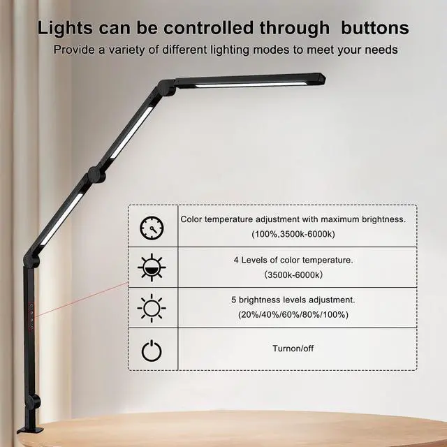Alt view image 5 of 6 - LED Desk Lamp with Clamp & Flexible Arm - 3 Light Sources, 4 Color Modes & 5 Brightness Levels, Eye-Caring Table Light with Memory Function