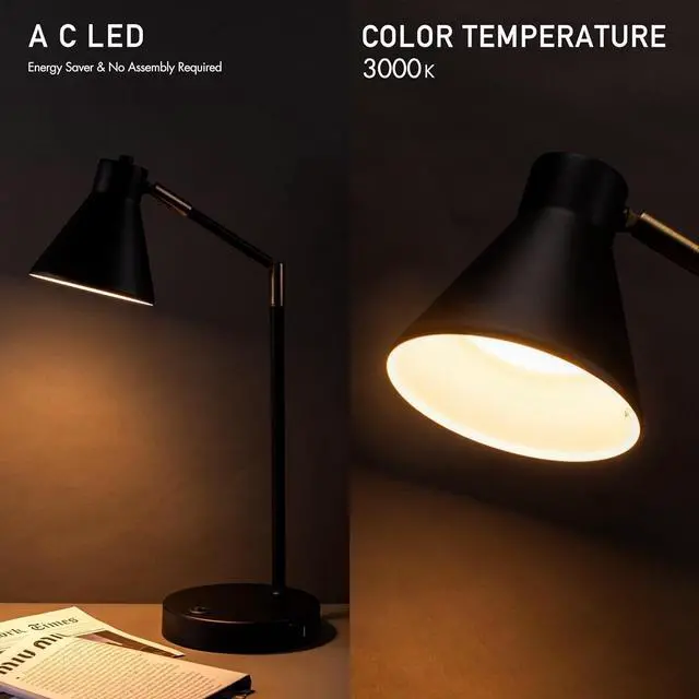 Alt view image 4 of 7 - OBright Astrum - LED Desk Lamp with Dual USB Charging Ports, 100% Metal Lamp, 270° Swivel Arms, Soft White Light (3000K), Bedside Reading Lamp, Home Office Lamp, Table Lamp, ETL Listed, Black