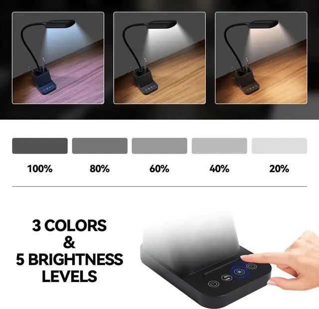 Alt view image 3 of 6 - AXX LED Desk Lamp with USB Charging Port, Study Table Light for Home Office Bedrooms, Black, Flexible Gooseneck, Small, 650LM, Pen Holder, Timer Settings, School Essentials for College Dorm Room