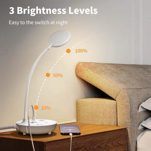Alt view image 3 of 6 - Small Bedside Lamp for Table Lamp Bedroom Desk Lamp with Dual USB Charging Port and AC Outlet Office Reading Light Adjustable Gooseneck Working White LED Lamp