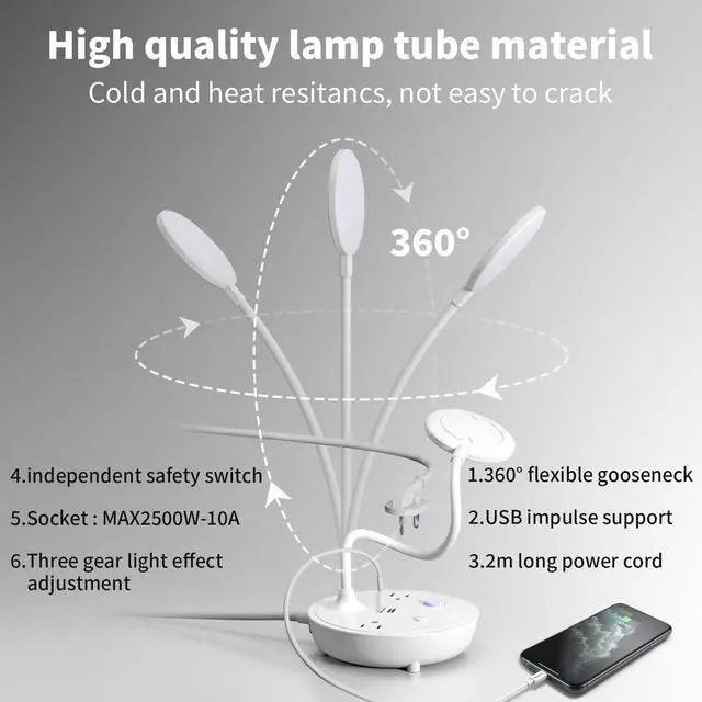 Alt view image 4 of 6 - Small Bedside Lamp for Table Lamp Bedroom Desk Lamp with Dual USB Charging Port and AC Outlet Office Reading Light Adjustable Gooseneck Working White LED Lamp