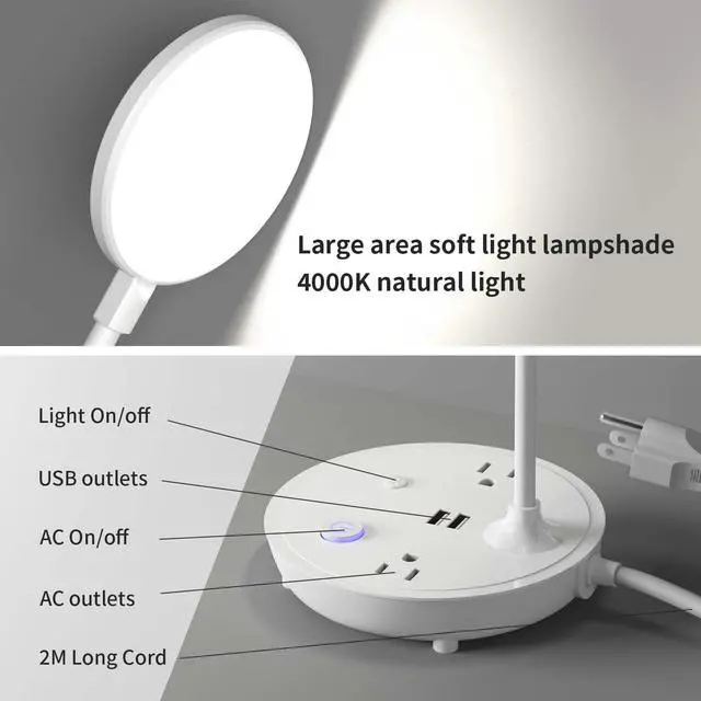 Alt view image 5 of 6 - Small Bedside Lamp for Table Lamp Bedroom Desk Lamp with Dual USB Charging Port and AC Outlet Office Reading Light Adjustable Gooseneck Working White LED Lamp