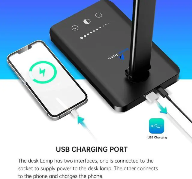 Alt view image 3 of 6 - Ambertronix LED Desk Lamp with USB Charging Port, Dimmable Eye-Caring Reading Desk Light for Home, with 5 Brightness Level & 3 Lighting Modes, Touch Control, Auto Timer (Black)