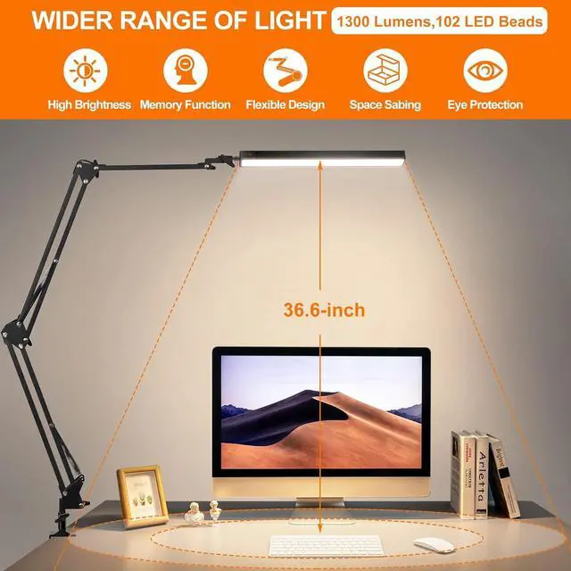 Alt view image 2 of 7 - NOEVSBIG LED Desk Lamp with Clamp and Round Base, 24W 102 LED Eye Caring Table Lamp with 50.7" Upgrade Long Swing Arm,3 Color Modes 10 Brightness Levels, Memory Function Desk Light for Home Office