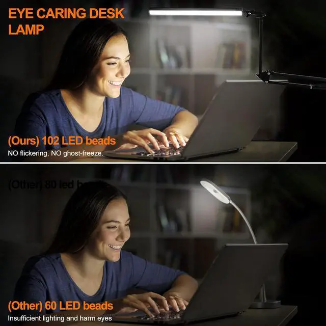 Alt view image 3 of 7 - NOEVSBIG LED Desk Lamp with Clamp and Round Base, 24W 102 LED Eye Caring Table Lamp with 50.7" Upgrade Long Swing Arm,3 Color Modes 10 Brightness Levels, Memory Function Desk Light for Home Office