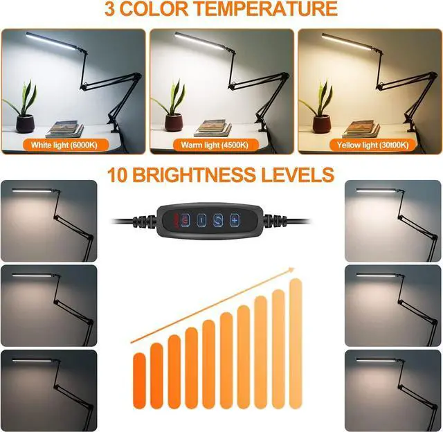 Alt view image 4 of 7 - NOEVSBIG LED Desk Lamp with Clamp and Round Base, 24W 102 LED Eye Caring Table Lamp with 50.7" Upgrade Long Swing Arm,3 Color Modes 10 Brightness Levels, Memory Function Desk Light for Home Office